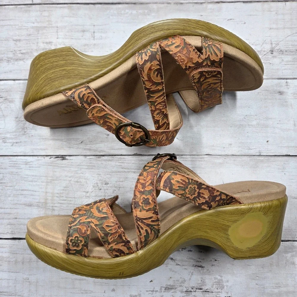 Alegria Wedge Sandal Women 37 Brown Floral Leather ROU-166 Boho Platform Strappy